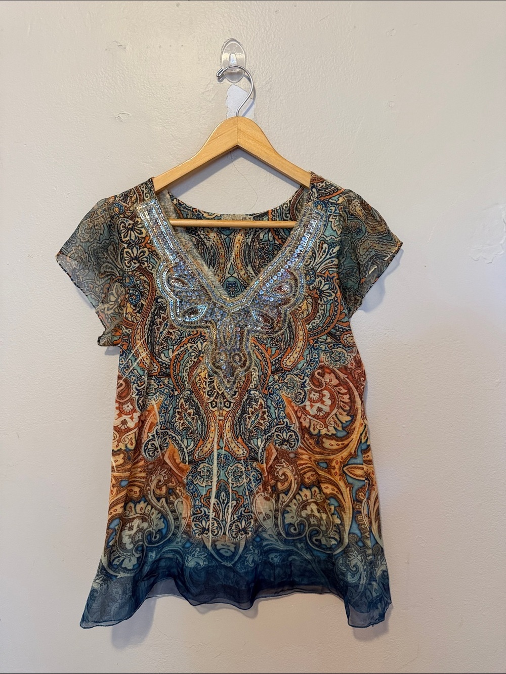 ONE WORLD Paisley Sequin V-Neck Short Sleeve Top - Blue & Brown